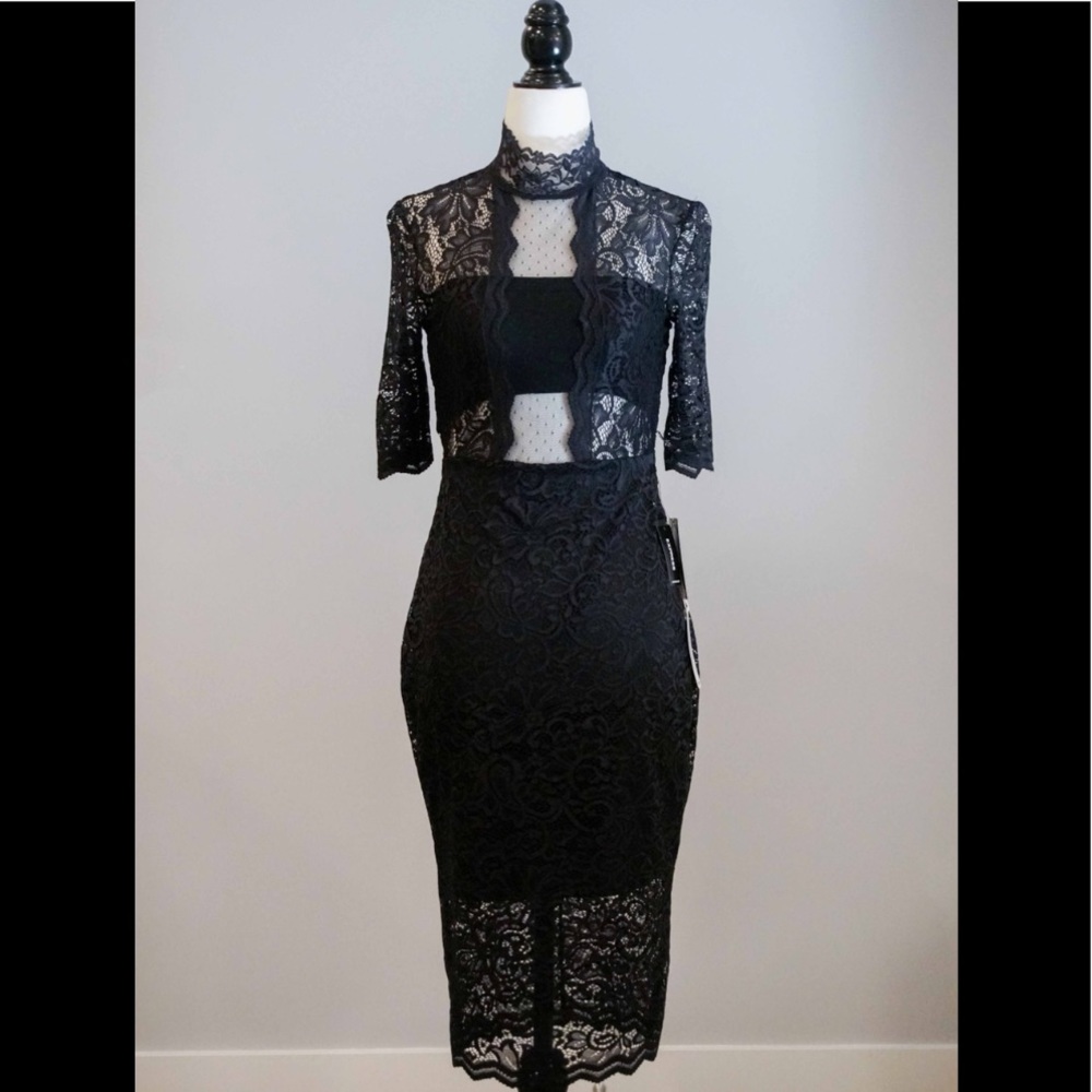 Black Lace Mock Neck Sheath Dress - Size 2